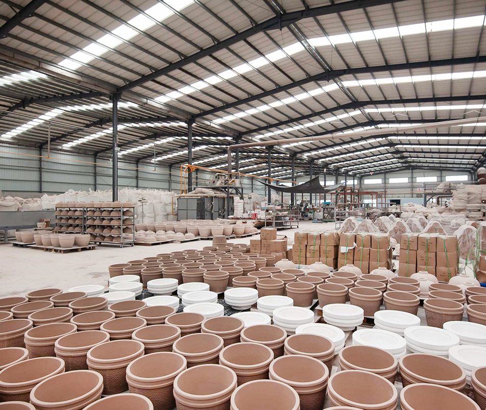 Semi finished ceramic product stacking area at Yuefu Stove factory