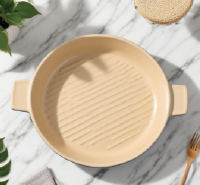 Round Ceramic Grill Plate, Oven to Table Baking Pan Plate Bakeware Dish For Dinner Dessert Pie Microwavable Oven Tray with Two Handle
